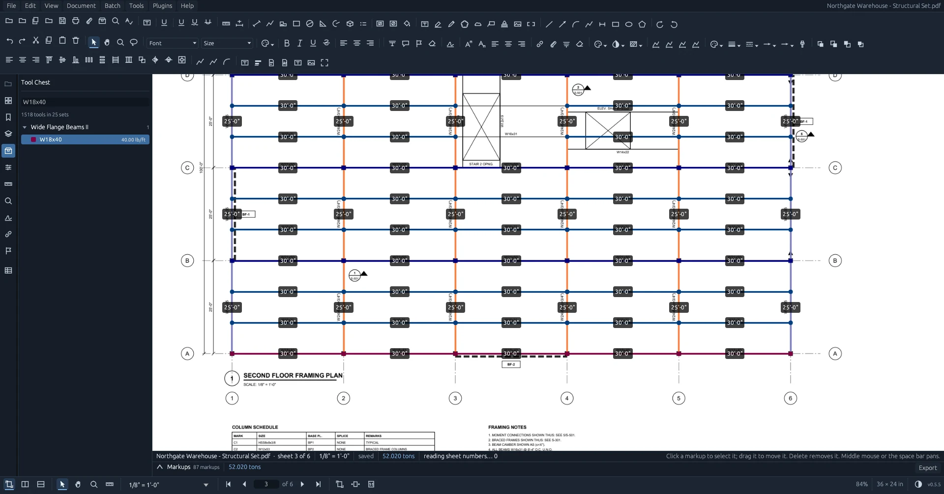 Excalibur View zoomed in on a framing plan with the takeoff in progress.
