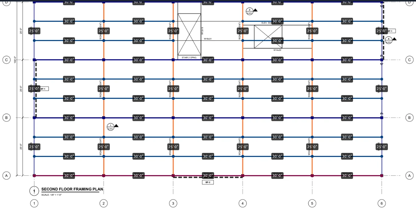 A framing plan zoomed in, with each girder and beam marked up in its tool chest color and labeled with its measured length.